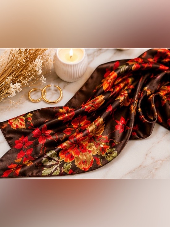 Accessories - Floral Scarf with Red and Brown Accents